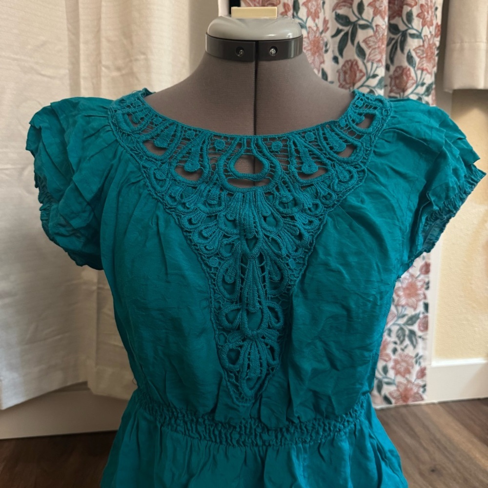 Vintage Y2K Cotton Express Blue Lace Fairycore Babydoll Short Sleeve Blouse Top - Picture 2 of 5